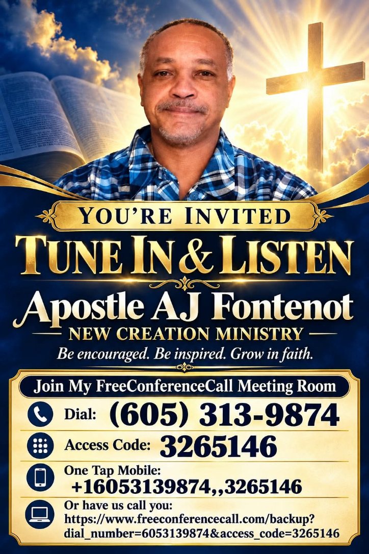 Flyer: You're Invited, Tune In and Listen, Apostle AJ Fontenot, New Creation Ministry. Dial (605) 313-9874, access code 3265146.