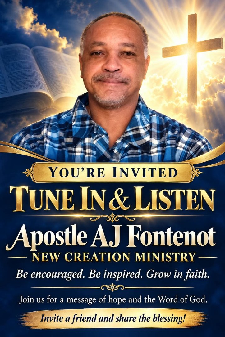 Flyer with a portrait of Apostle AJ Fontenot: You're Invited, Tune In and Listen, New Creation Ministry. Be encouraged. Be inspired. Grow in faith.